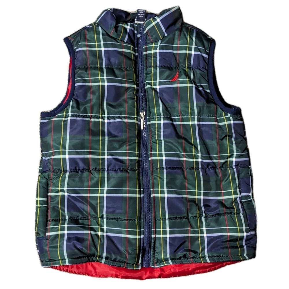 Nautica Vest Green-Blue Plaid Kids Size 3T Full Zip Pockets Toddler Sleeveless‎